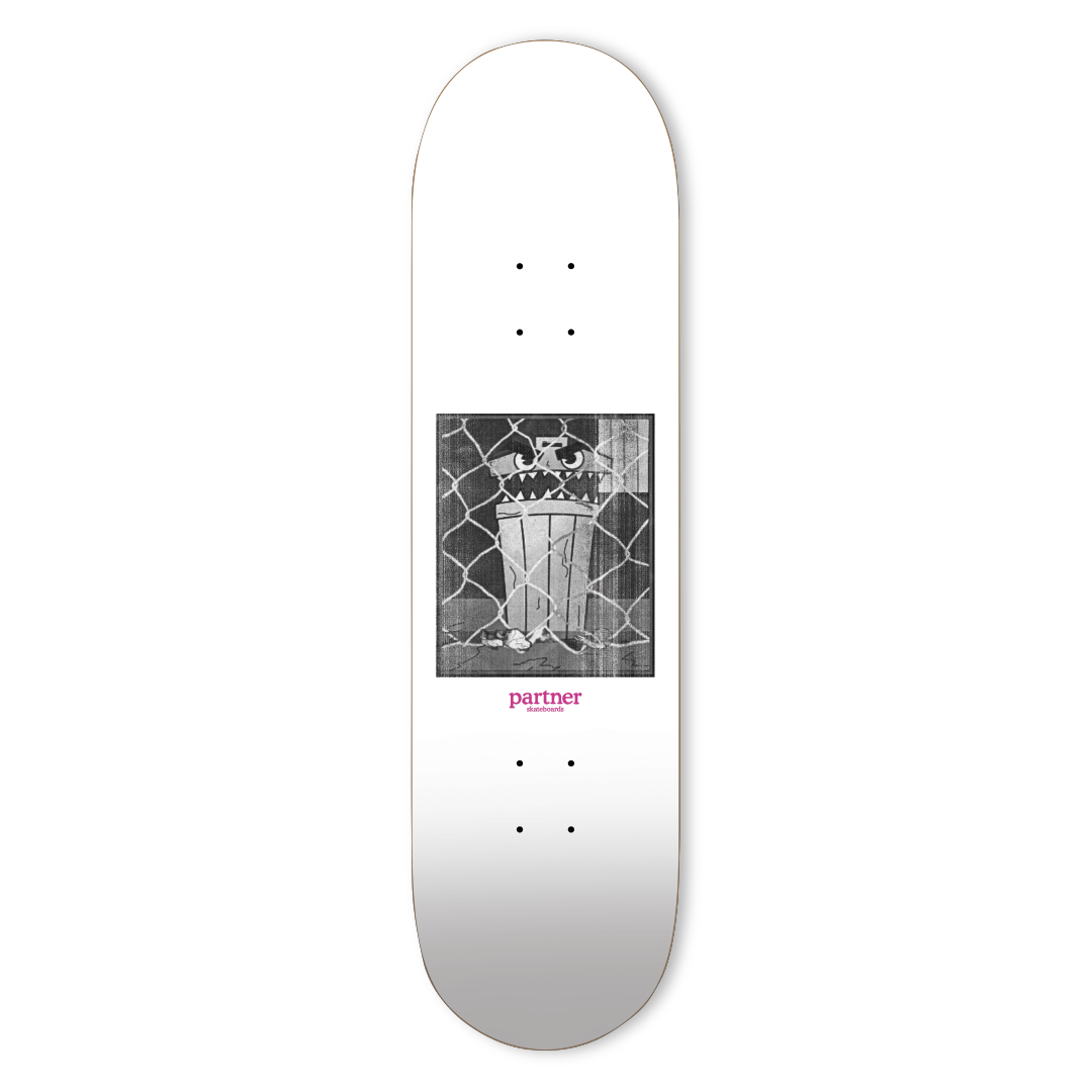 Skateboard deck: grumpy-eyed trash can behind a chain-link fence, "partner skateboards" logo.