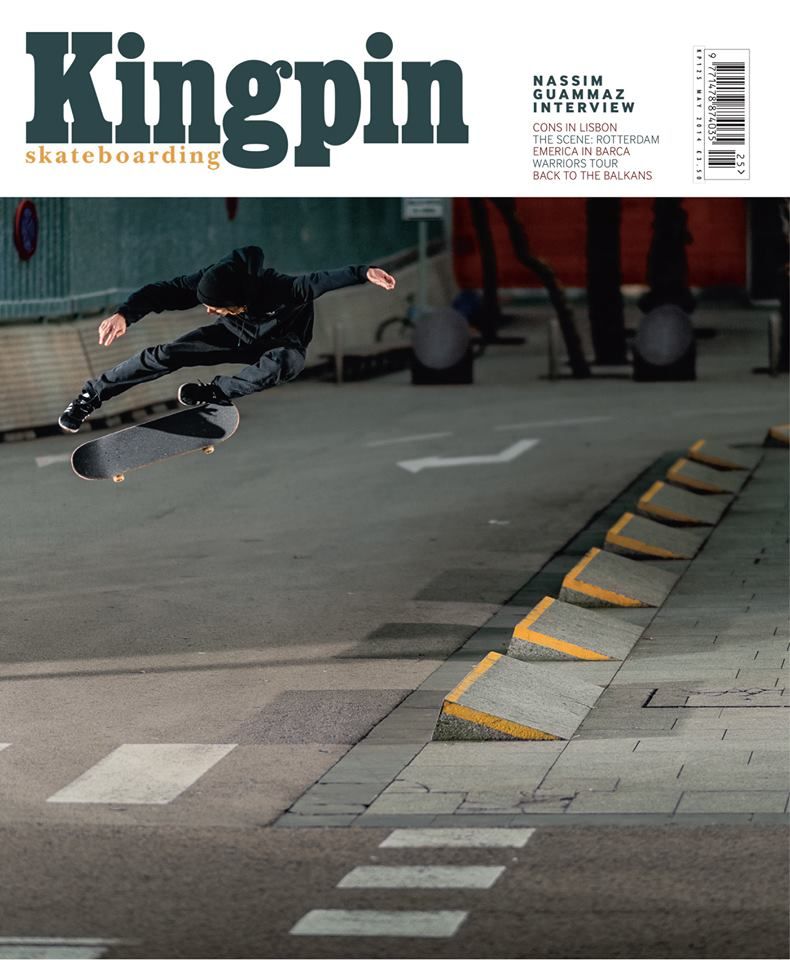 Kingpin skateboarding magazine cover of a skateboarder mid-trick over an urban street.