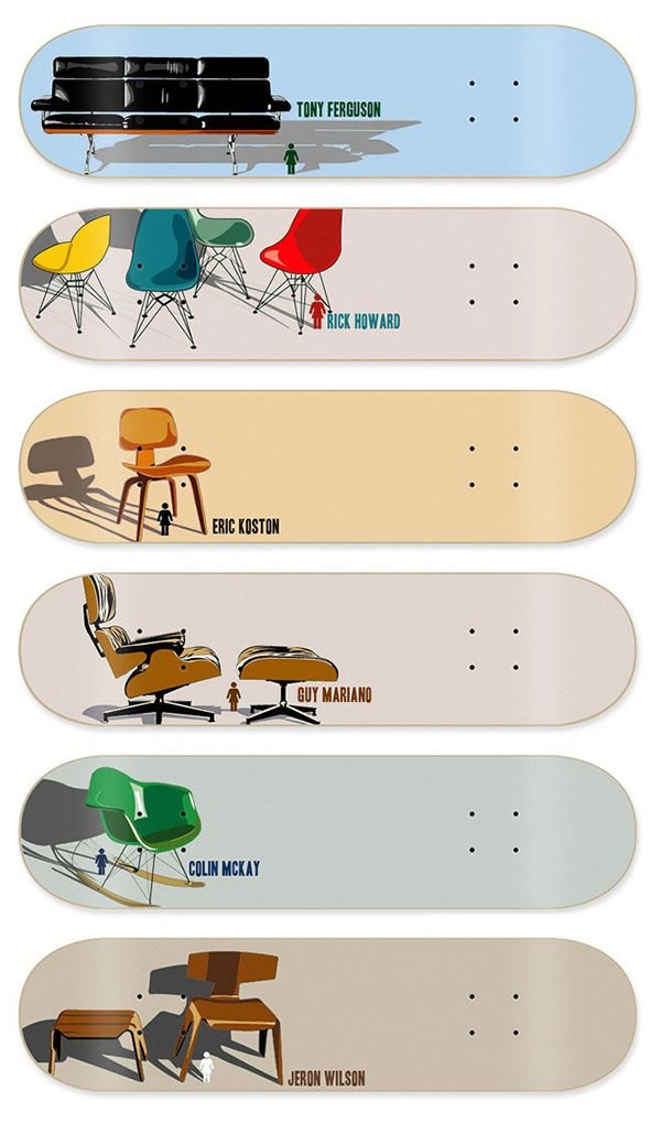 Six Girl Skateboards "Modern Chairs" series decks stacked vertically, featuring mid-century modern furniture, skater names, and mini Girl logo pictograms on solid backgrounds.