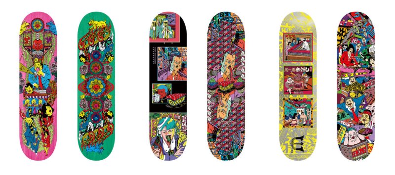 A lineup of 3 Evisen skateboard decks (front and back) displayed side-by-side, each featuring colorful, intricate Japanese-inspired pop art and graphic illustrations done by manga artist Hikaru Matsuda.