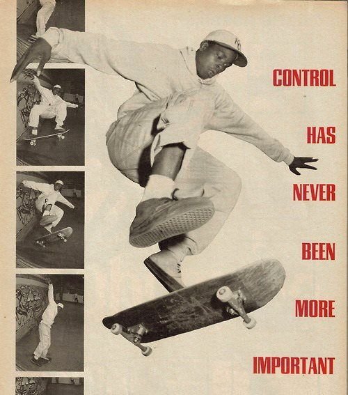 Skateboarder mid-trick in a black-and-white sequence photo, next to the slogan "Control has never been more important."